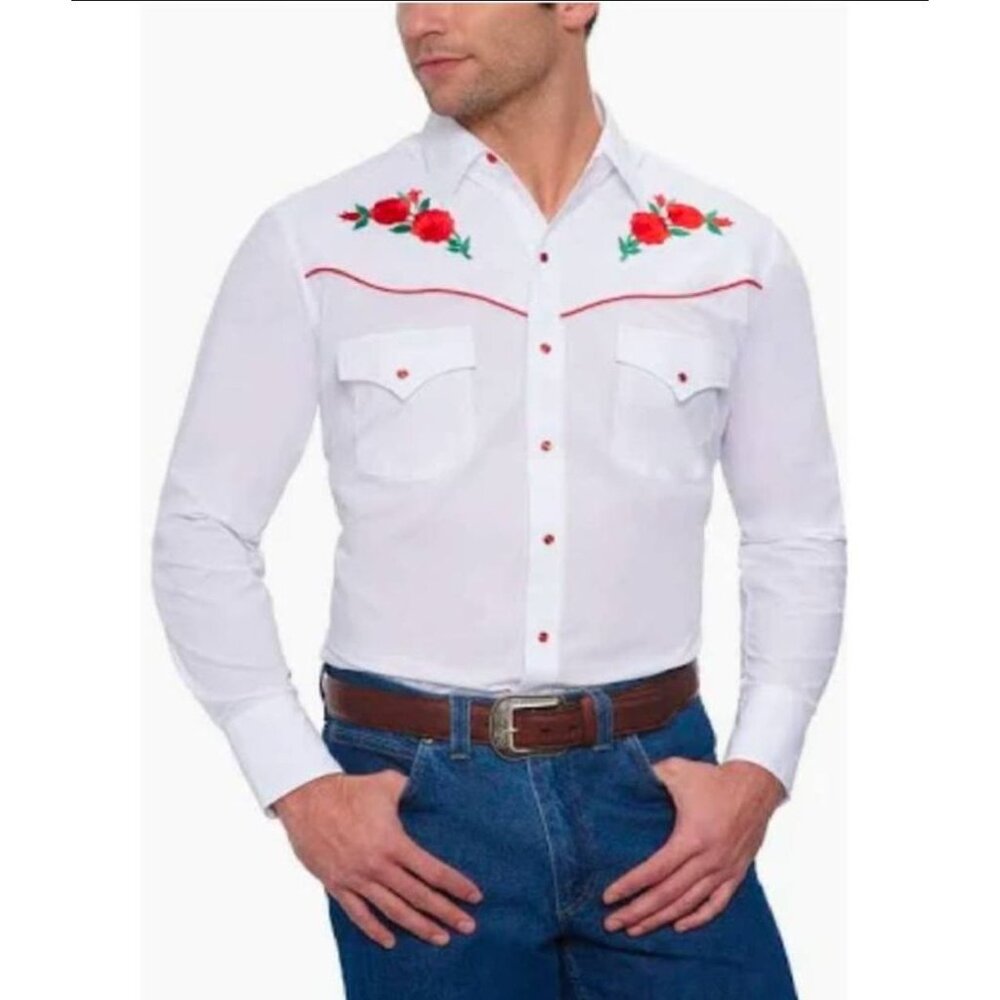 Mens Ely Cattleman XXL Western Shirt With Red Rose Embroidery & Snap Buttons